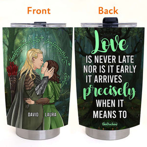 Personalized LOTR Couple Tumbler - Love Is Never Late Nor Is It Early- Couple Hugging and Kissing - J. R. R. Tolkien - Tumbler Cup - GoDuckee