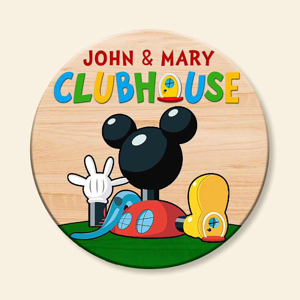 Family Welcome To Clubhouse, Personalized Round Wooden Sign - Wood Sign - GoDuckee