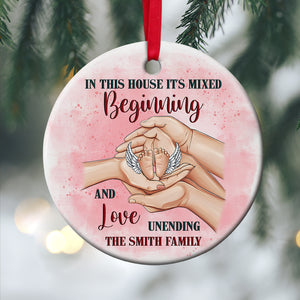 In This House It's Mixed Beginning And Love Unending, Personalized Circle Ceramic Ornament Gift For Family - Ornament - GoDuckee