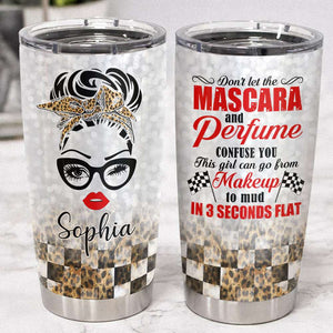Personalized Racing Girl Tumbler, Don't let mascara and perfume confuse you, Leopard Checkered Pattern - Tumbler Cup - GoDuckee