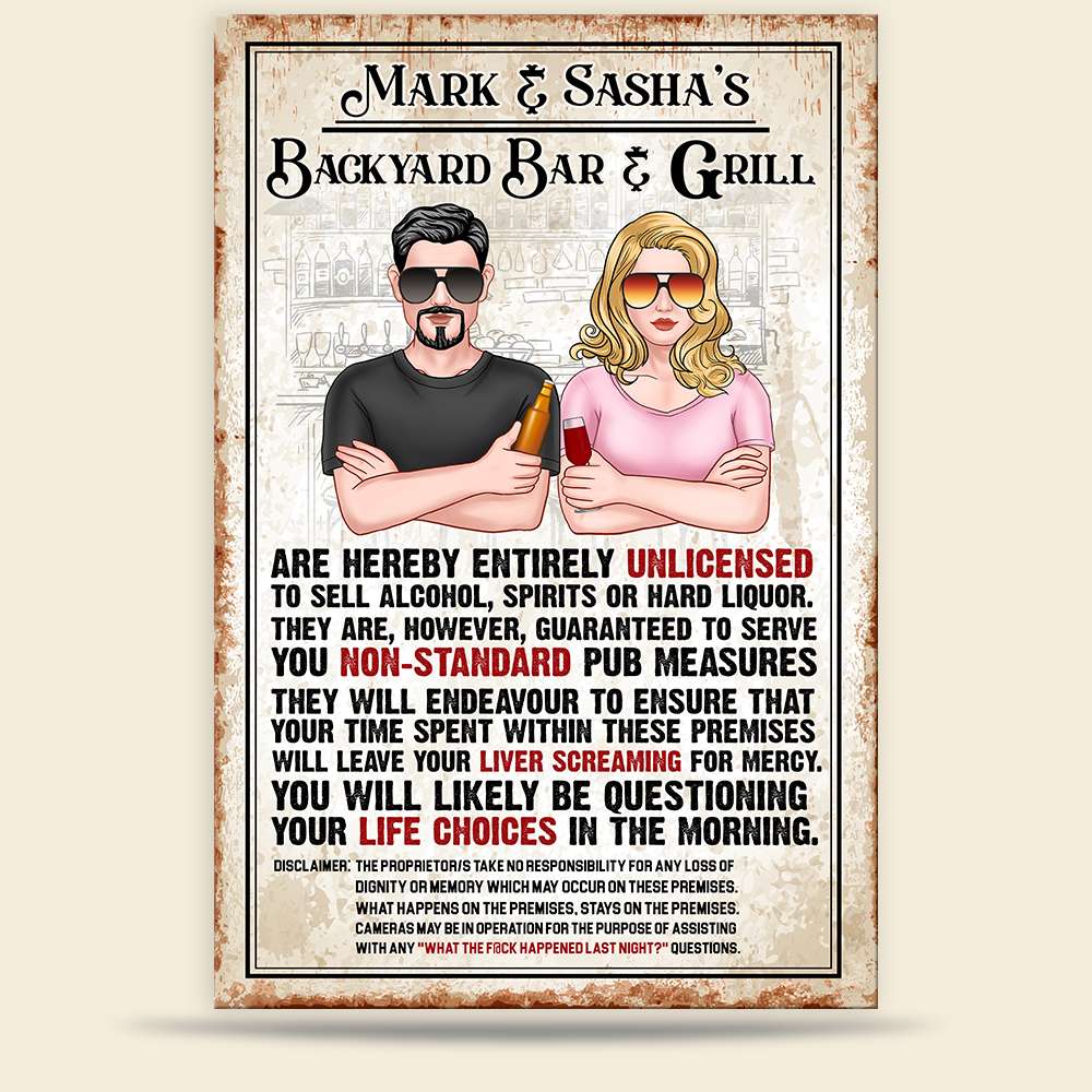 Backyard Bar And Grill Personalized Couple Metal Sign, Gift For Bar Decoration - Metal Wall Art - GoDuckee
