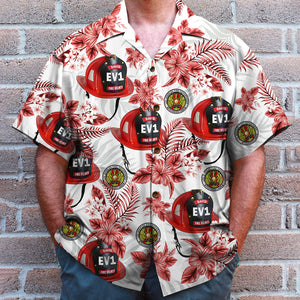 Custom Firefighter Logo Hawaiian Shirt, Aloha Shirt, Red Flower Pattern, Gift For Firefighter - Hawaiian Shirts - GoDuckee