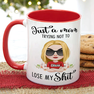 Just A Mom Trying Not To Lose My Shit, Personalized Mug, Gift For Mom, Mother's Day Gift, Chibi Woman With Crossed Arms - Coffee Mug - GoDuckee