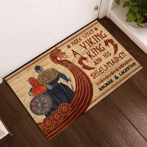 Personalized Viking Couple Doormat - Here Lives A Viking King and His Shield Maiden - Doormat - GoDuckee