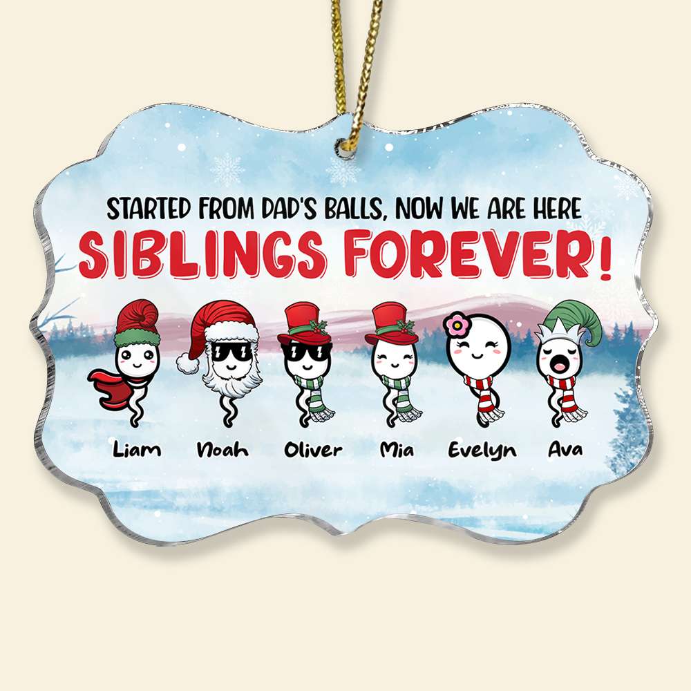 Started From Dad's Balls Now We Are Here, Sibling Forever Personalized Medallion Acrylic Ornament - Ornament - GoDuckee