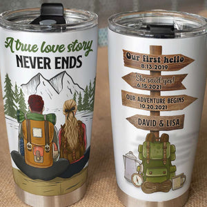 Personalized Camping Couple Tumbler - A True Love Story Never Ends - Tumbler Cup - GoDuckee