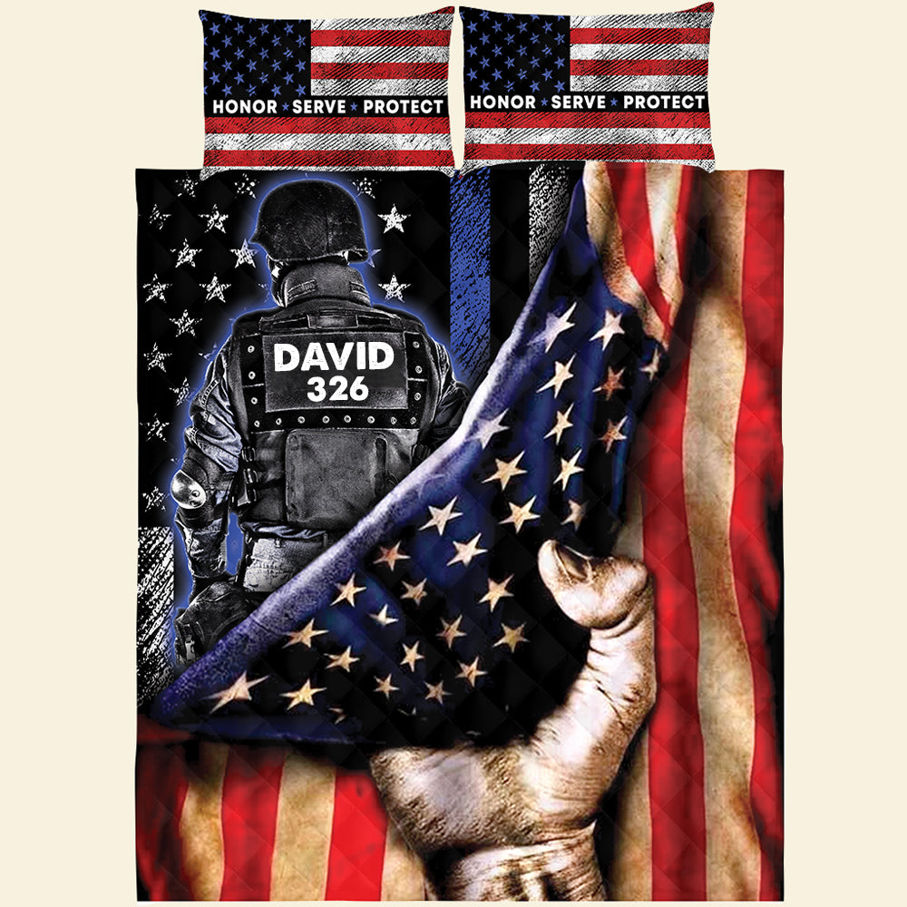 Police Honor Serve Protect - Personalized Quilt Bed Set -Gift for Police - Back Police and Flag - Quilts & Comforters - GoDuckee