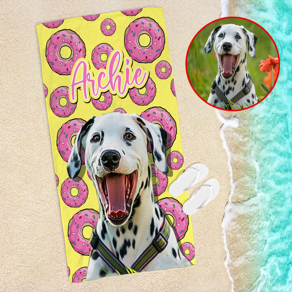 Custom Dog Photo Beach Towel - Donut Pattern - Beach Towel - GoDuckee
