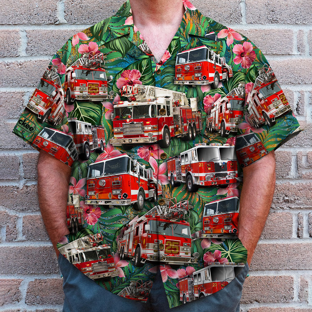 Fire Truck Hawaiian Shirt, Gift For Him, Gift For Fire Truck Lovers, Tropical Pattern - Hawaiian Shirts - GoDuckee