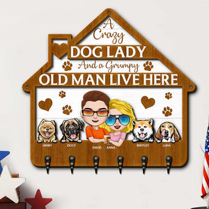 Crazy Dog Lady and A Grumpy Old Man Live Here, Personalized 2 Layers Wood Key Hanger, Gift for Dog Lovers - Wood Sign - GoDuckee