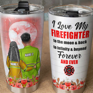 Personalized Firefighter Couple Tumbler Cup - I Love My Firefighter To The Moon and Back - Couple Shoulder to Shoulder - Tumbler Cup - GoDuckee