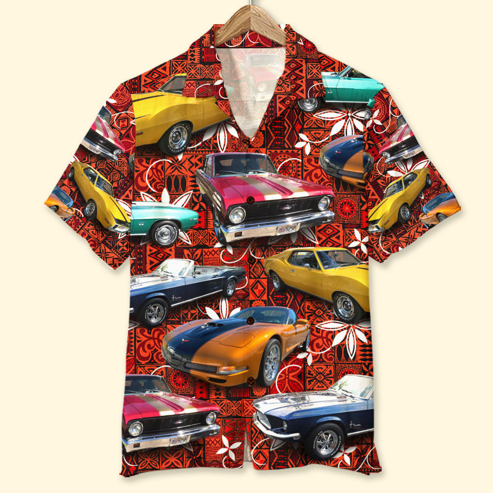 Custom Muscle Car Photo Hawaiian Shirt, Elvis Tribal Pattern, Gift For Car Lovers - Hawaiian Shirts - GoDuckee