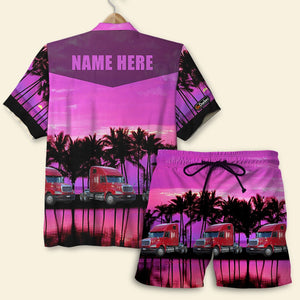 Trucker Hawaiian Shirt & Beach Shorts - Custom Trucker's Name - Purple Beach Scene - Hawaiian Shirts - GoDuckee