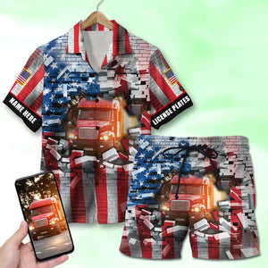 Custom Photo Hawaiian Shirt, Aloha Shirt and Mens Beach Shorts - Truck With Bricks Background - Hawaiian Shirts - GoDuckee