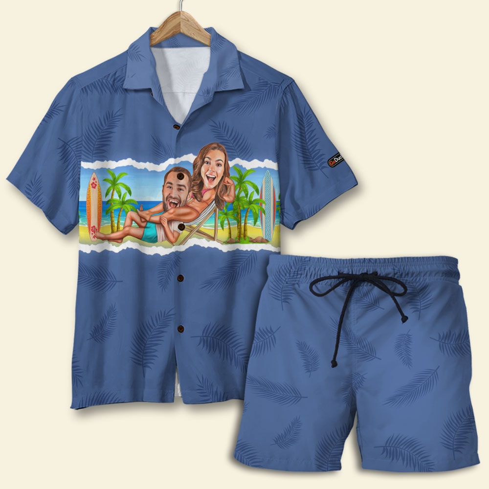 Couple And Beach Background - Custom Photo Hawaiian Shirt, Aloha Shirt and Men Beach Shorts - Hawaiian Shirts - GoDuckee