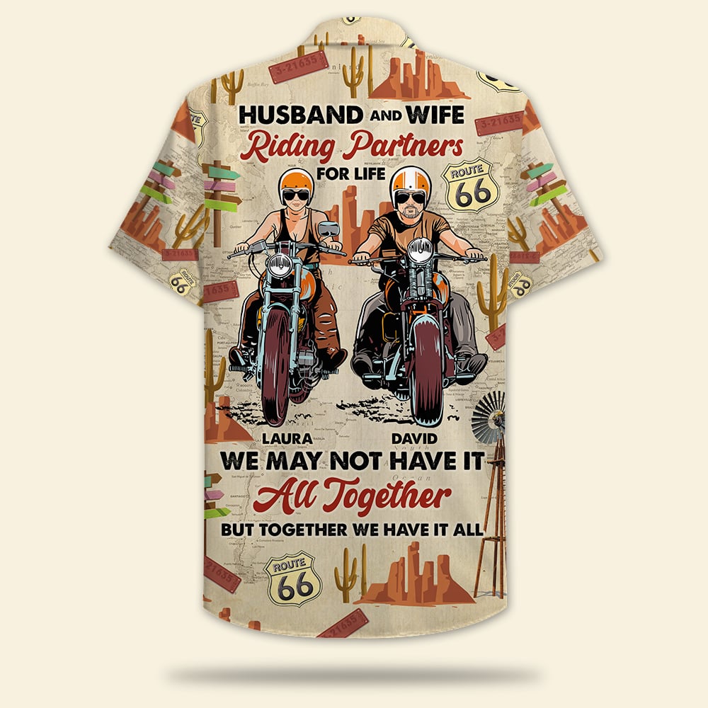 Personalized Motorcycle Couple Hawaiian Shirt - Husband & Wife, Riding Partners For Life - Hawaiian Shirts - GoDuckee