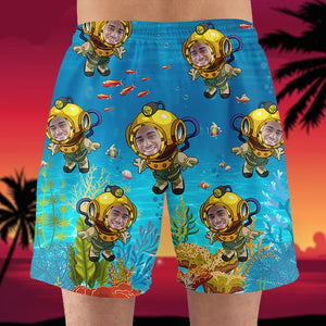 Scuba Diving Deep Diving Under The Seas Custom Face Image, Personalized Hawaiian Shirt and Men Beach Shorts, Summer Gifts for Men - Hawaiian Shirts - GoDuckee