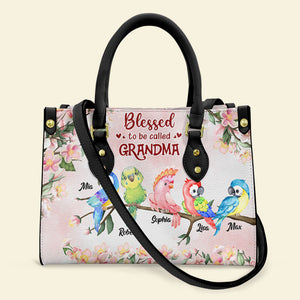 Blessed To Be Called Grandma, Personalized Leather Bag, Gift For Grandma, Grandma's Little Birds Bag - Leather Bag - GoDuckee