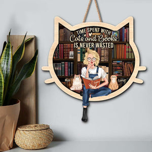 Time Spent With Cats And Books Is Never Wasted, Personalized Wood Sign, Gift for Book Girls - Wood Sign - GoDuckee