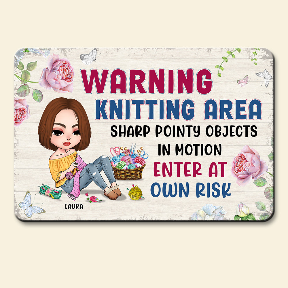 Warning Knitting Area Enter At Own Risk, Personalized Metal Art, Gifts for Knitting Lovers - Metal Wall Art - GoDuckee