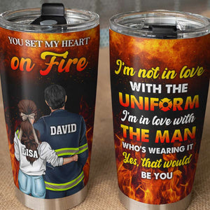 Personalized Firefighter Couple Tumbler Cup - You Set My Heart On Fire - Firefighter's Wife - Couple Shoulder to Shoulder - Tumbler Cup - GoDuckee