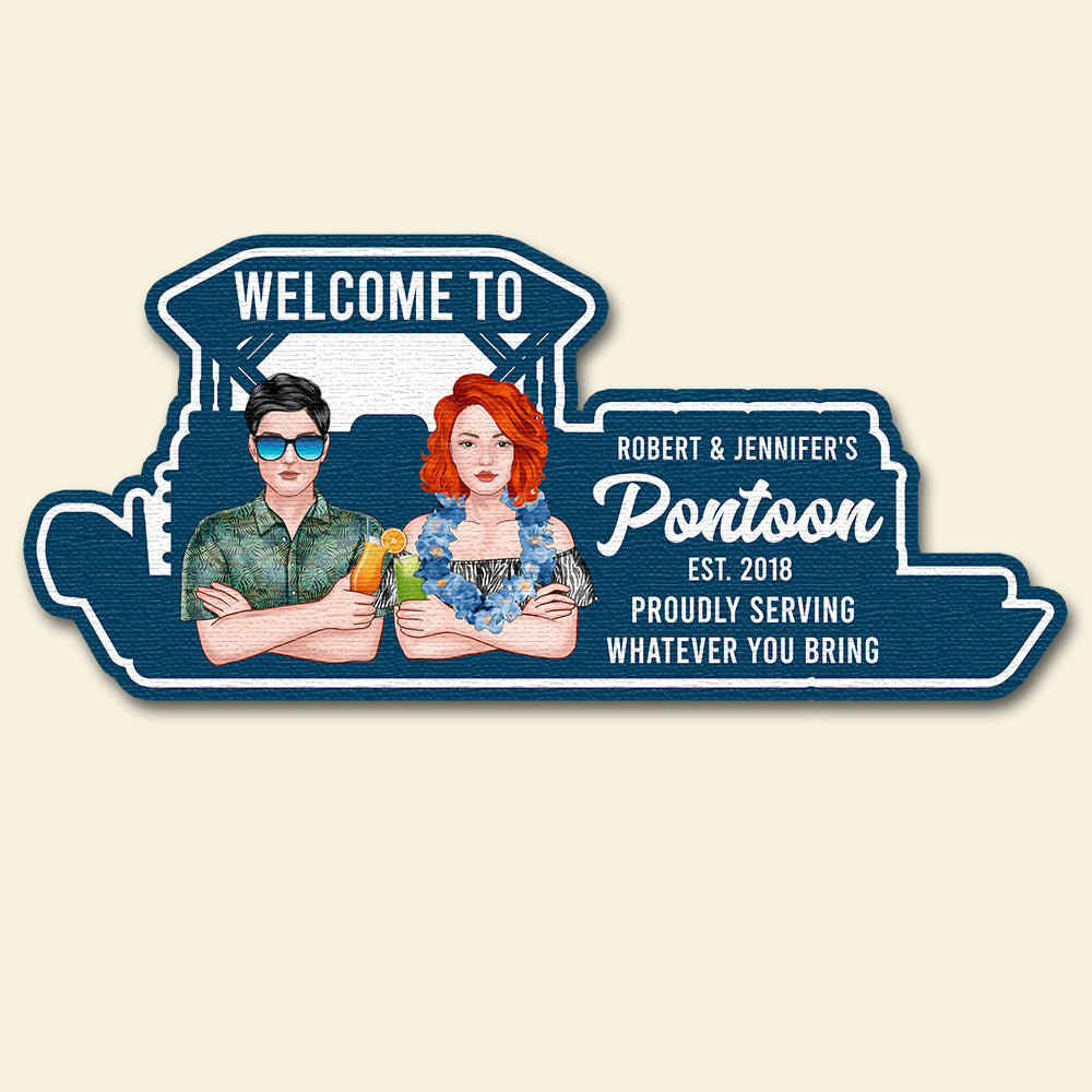 Pontoon Boat Shape Doormat - Personalized Hawaii Wreath Couple - Welcome To Pontoon - Doormat - GoDuckee