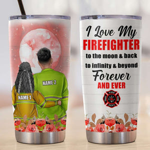 Personalized Firefighter Couple Tumbler Cup - I Love My Firefighter To The Moon and Back - Couple Shoulder to Shoulder - Tumbler Cup - GoDuckee