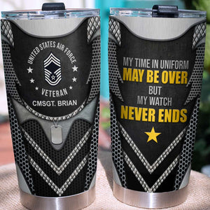 Personalized Military Tumbler Cup - My Time In Uniform May Be Over But My Watch Never Ends - Tumbler Cup - GoDuckee