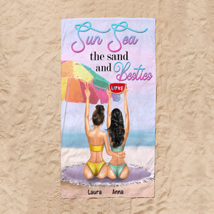 Sea The Sand and Besties - Personalized Beach Towel - Gifts For Big Sister, Sistas, Girls Trip - Girls At The Beach Back View frd2104 - Beach Towel - GoDuckee