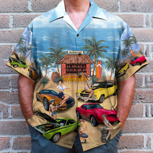 Custom Muscle Car Photo Hawaiian Shirt, Sexy Girls Sitting On Cars, Beach Pattern - Hawaiian Shirts - GoDuckee