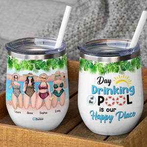 Personalized Bikini Girls Trip Wine Tumbler - Day Drinking At The Pool Is Our Happy Place - Beach Theme & Leopard Pattern - Wine Tumbler - GoDuckee