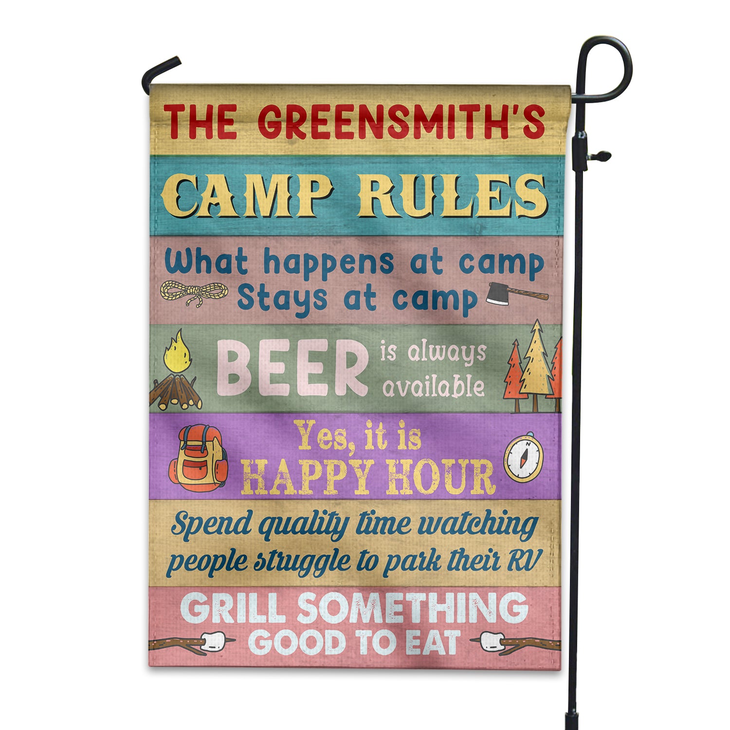 Personalized Gifts For Camping Lovers, Camp Rules What Happens at Camp Stay at Camp Custom Family's Name Flag - Flag - GoDuckee
