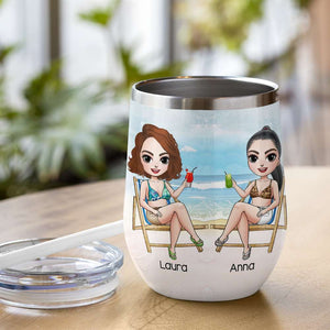 Drinking Girls Beach Chairs - Personalized Wine Tumbler - Get Over It, Suck It Up, Friends Chilling Beach Sand - Wine Tumbler - GoDuckee