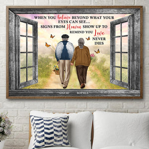 Personalized Memorial Couple Canvas Print, Heaven Signs Show Up To Remind You Love Never Dies, Old Couple Walking Together - Poster & Canvas - GoDuckee