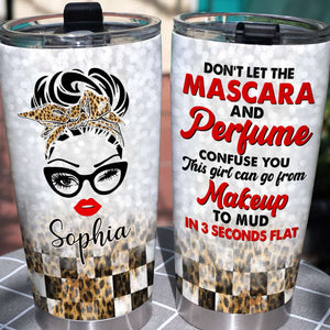Personalized Racing Girl Tumbler - Don't Let Mascara And Perfume Confuse You - Leopard Checkered Pattern - Tumbler Cup - GoDuckee