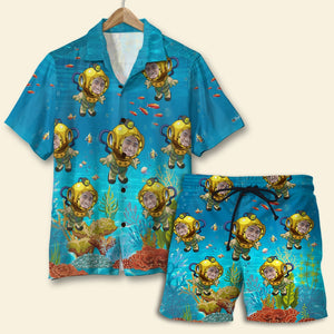 Scuba Diving Deep Diving Under The Seas Custom Face Image, Personalized Hawaiian Shirt and Men Beach Shorts, Summer Gifts for Men - Hawaiian Shirts - GoDuckee