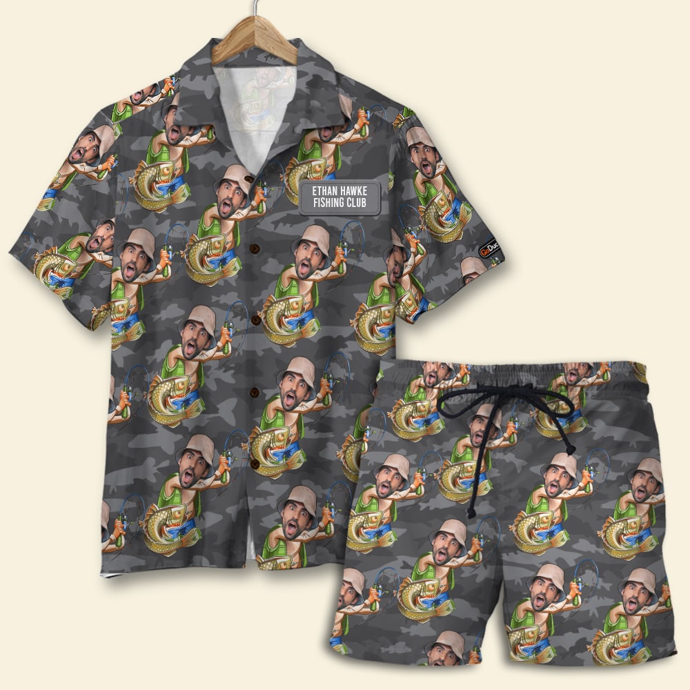 GoDuckee Fishing Custom Face Photos Seamless Pattern, Personalized Hawaiian Shirt and Men Beach Shorts, Gifts for Fishing Lovers