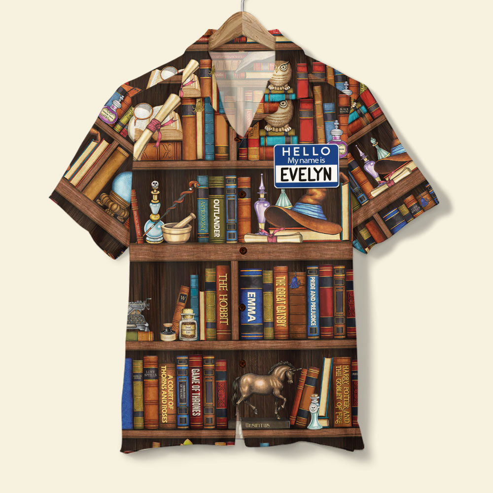 Personalized Book Lover Hawaiian Shirt - Hello My Name Is - Bookshelf Pattern - Hawaiian Shirts - GoDuckee