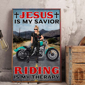 Personalized Female Biker Poster - Jesus is my savior Riding is my therapy - Highway Background - Poster & Canvas - GoDuckee