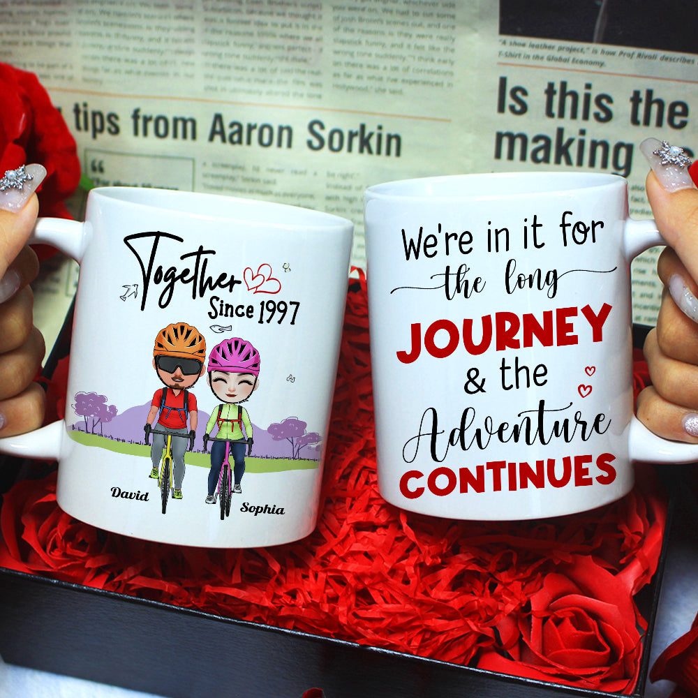 We're In It For The Long Journey & The Adventure Continues, Couple Cycling White Mug - Coffee Mug - GoDuckee