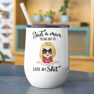 Just A Mom Trying Not To Lose My Shit, Personalized Mug, Gift For Mom, Mother's Day Gift, Chibi Woman With Crossed Arms - Coffee Mug - GoDuckee