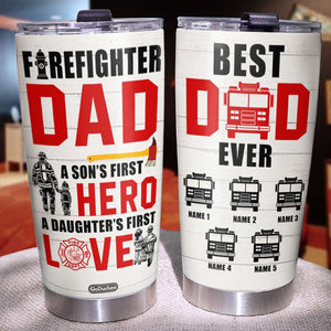 Firefighter Dad First Hero First Love, Personalized Tumbler, Gifts for Dad, Fire Truck Dad and Kids - Tumbler Cup - GoDuckee