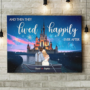 Happily Ever After - Dreaming couple of tourists view castle on wooden boat on the Lake Canvas, Personalized Canvas Poster - Anniversary, Valentine's Day Gifts For Couple - Poster & Canvas - GoDuckee