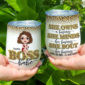 She Owns A Business She Minds Her Business, Personalized Boss Girl Wine Tumbler, Gift for Girls - Wine Tumbler - GoDuckee