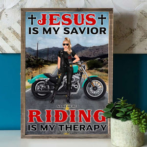 Personalized Female Biker Poster - Jesus is my savior Riding is my therapy - Highway Background - Poster & Canvas - GoDuckee