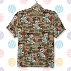 Fishing Custom Face Photos Seamless Pattern, Personalized Hawaiian Shirt and Men Beach Shorts, Gifts for Fishing Lovers - Hawaiian Shirts - GoDuckee