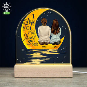 I Love You To The Moon And Back, Mom And Child Personalized Led Light Wooden Base Gift For Mom - Led Night Light - GoDuckee