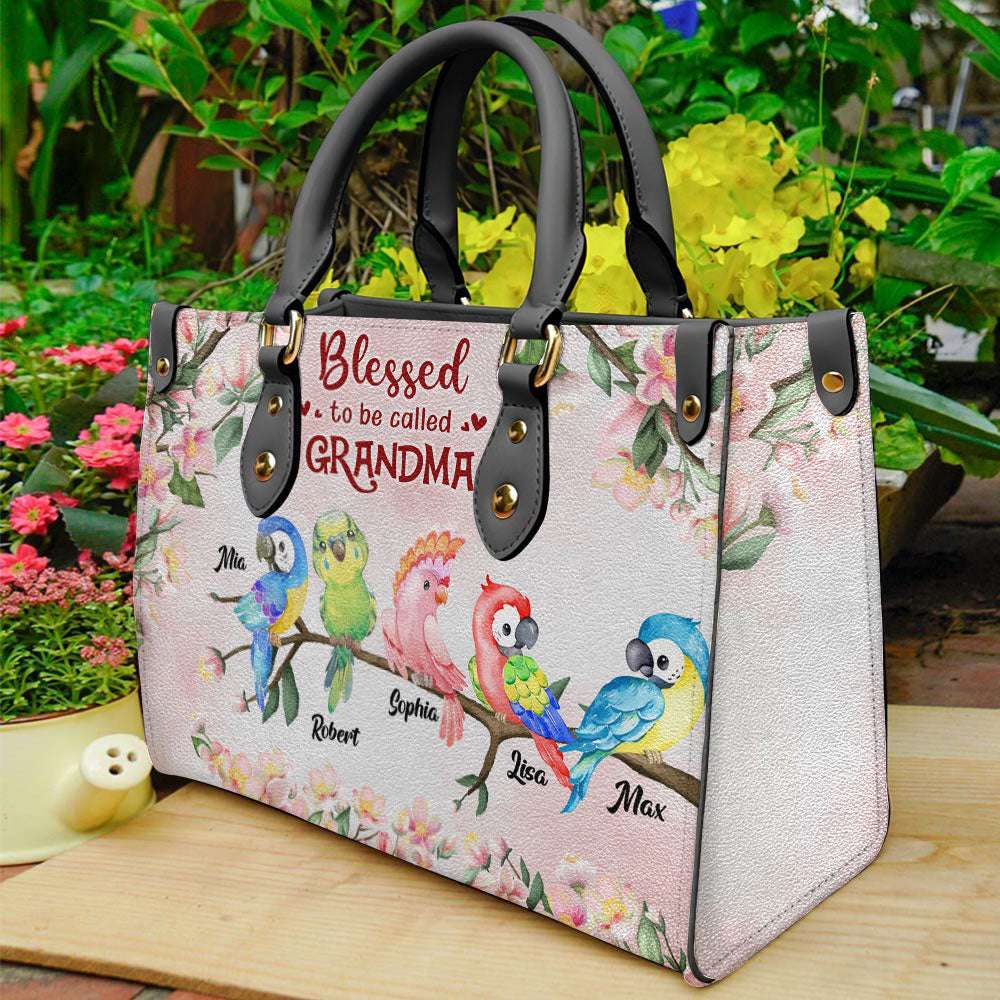 Blessed To Be Called Grandma, Personalized Leather Bag, Gift For Grandma, Grandma's Little Birds Bag - Leather Bag - GoDuckee
