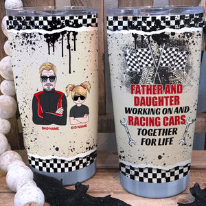 Personalized Racing Father and Son Tumbler - Working on and racing cars together for life - Checkered Pattern - Tumbler Cup - GoDuckee