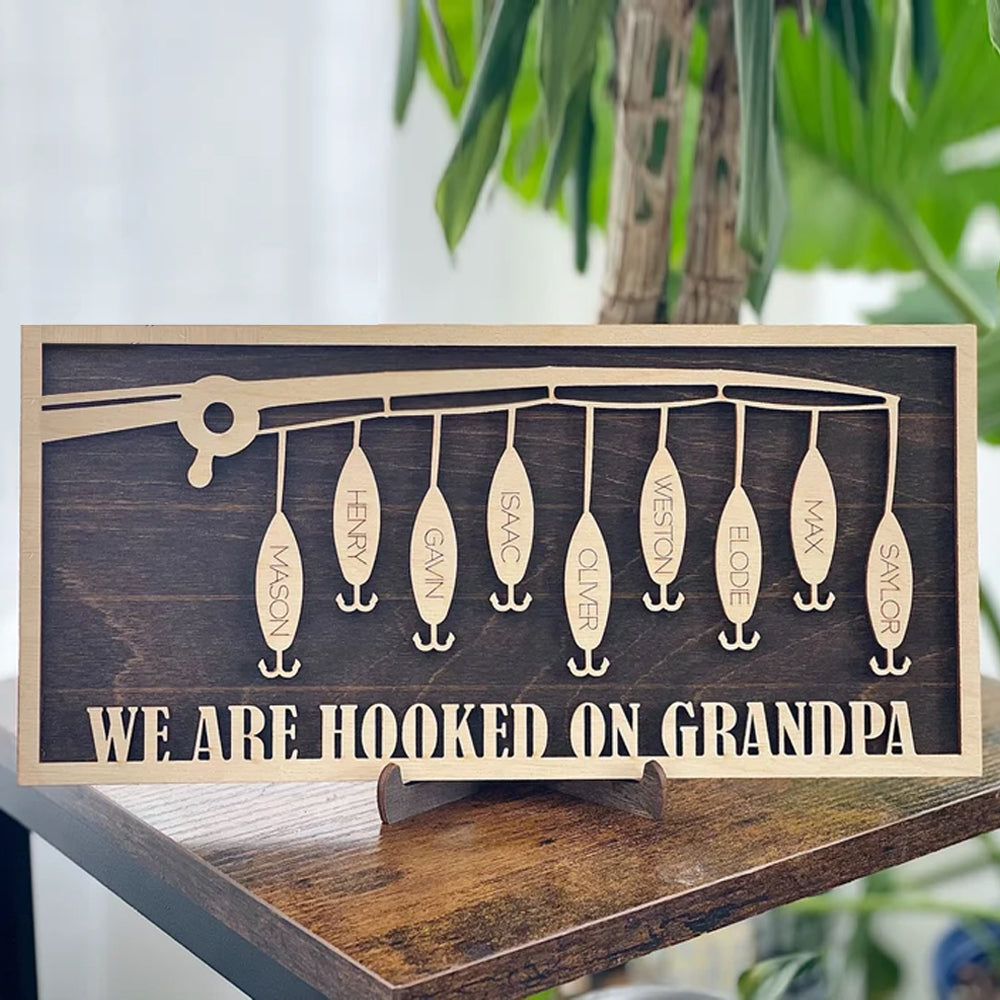 Fishing Hooked On Papa, Personalized Layered Wood Sign Stand